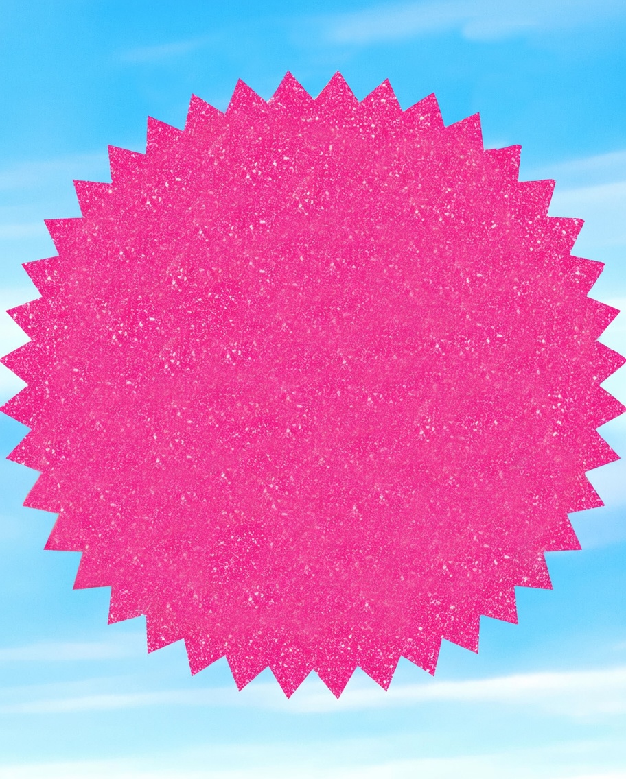 A large, bright pink, glitter-textured starburst (jagged circular seal/badge) centered on a clear light-blue sky with soft white clouds. The badge interior is empty and solid pink with sparkle texture; there is no preprinted text.