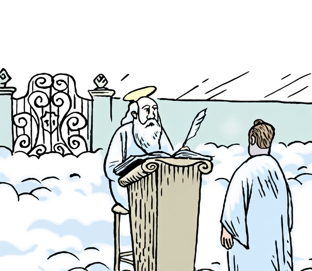 A cartoon shows an elderly bearded man with a halo in white robes sitting at a stone podium with an open book and quill, amid clouds. Ornate gates appear behind him on the left. A person in a white robe stands facing him from the right with their back partly to the viewer.