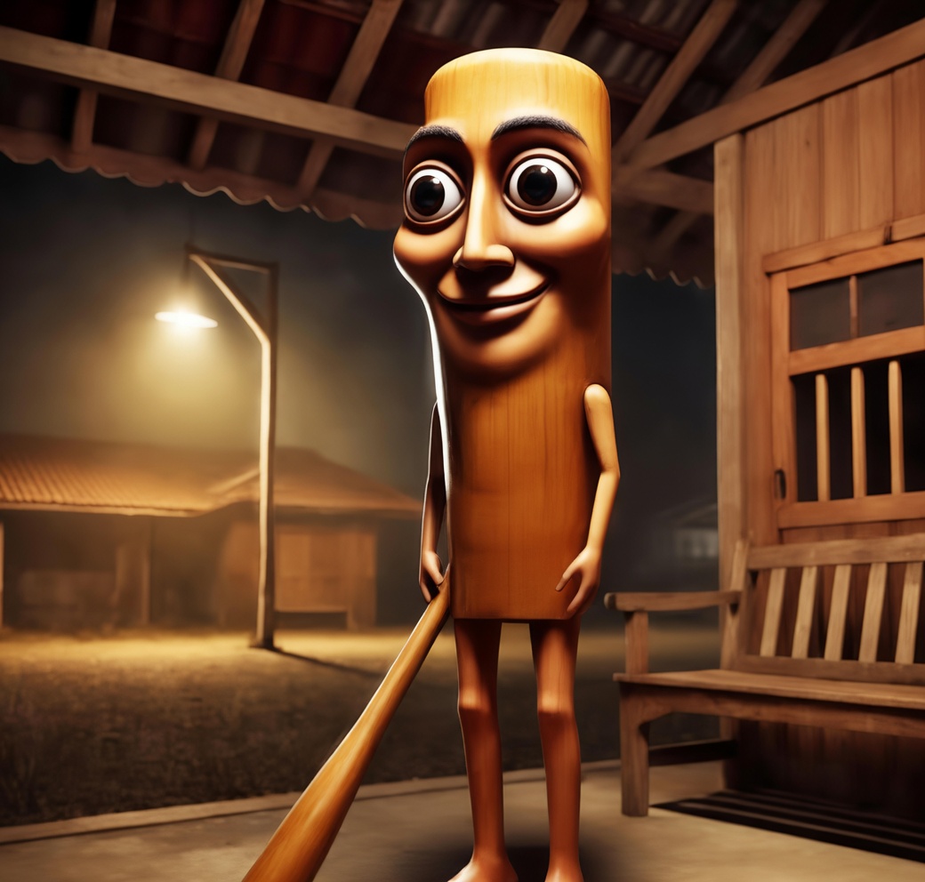 A tall, cylindrical wooden character with a carved smiling face, large eyes, eyebrows, thin arms, and thin legs stands on a porch at night holding a wooden baseball bat. Behind it are a wooden bench, a house door, a streetlamp, and distant buildings under a roof overhang.