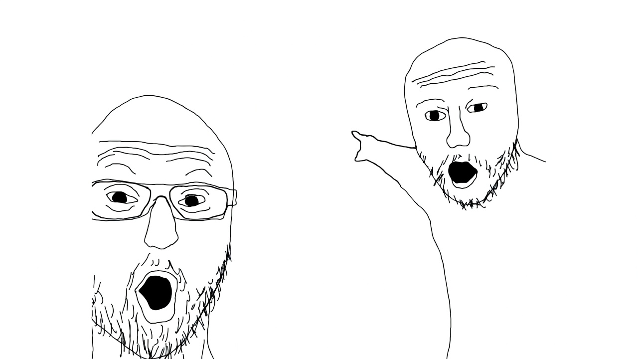Black-and-white line art of two bald, bearded men with wide-open mouths in exaggerated excited expressions. The left figure wears glasses and faces forward. The right figure has forehead wrinkles, a fuller beard, and an arm extended pointing left toward the open space between them. Large empty white space sits between and around the figures.