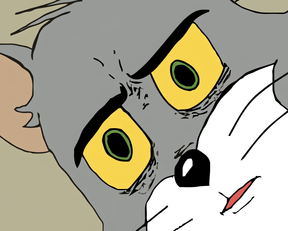 Close-up cartoon illustration of a gray-and-white cat face (Tom) with large yellow eyes that have green irises and black pupils, thick black furrowed eyebrows, a black nose, a small red mouth line, and a tense, wide-eyed staring expression against a plain beige background.