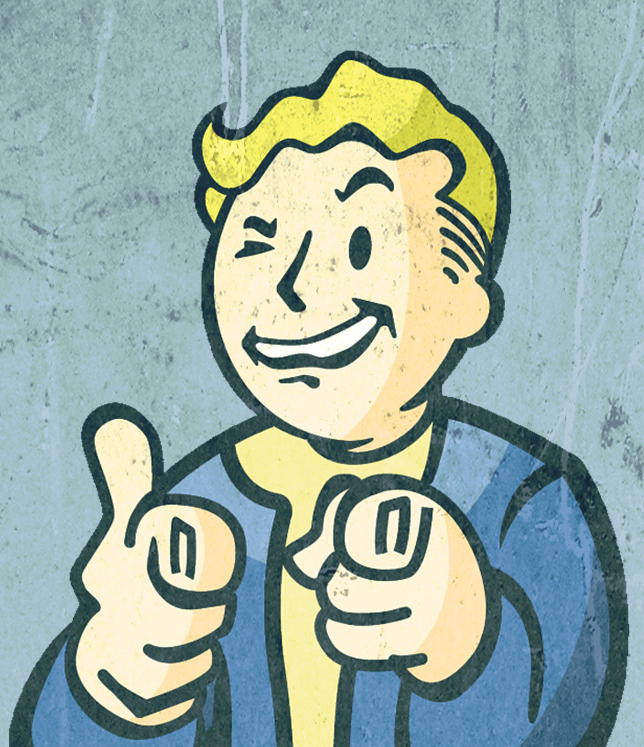 A flat, thick-outlined cartoon of a smiling blond young man against a mottled gray-blue background. He winks one eye, shows a wide toothy grin, and holds both hands forward in a double thumbs-up, one hand larger and closer to the viewer. He wears a blue jacket with a yellow collar and yellow front. The print looks speckled and slightly worn.