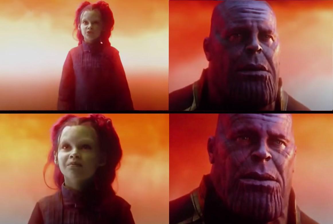 A four-panel grid divided by thick black lines, all set against a hazy orange-and-yellow sky. Top left: a young girl with reddish hair in two high buns, in a dark high-collared coat, standing and looking slightly upward with a neutral face. Top right: a close-up of a large bald man with purple skin, a heavy brow, and a deeply ridged chin, looking toward her. Bottom left: a closer shot of the same girl, looking up with a faint smile. Bottom right: a closer shot of the same man, expression somber, looking slightly downward.