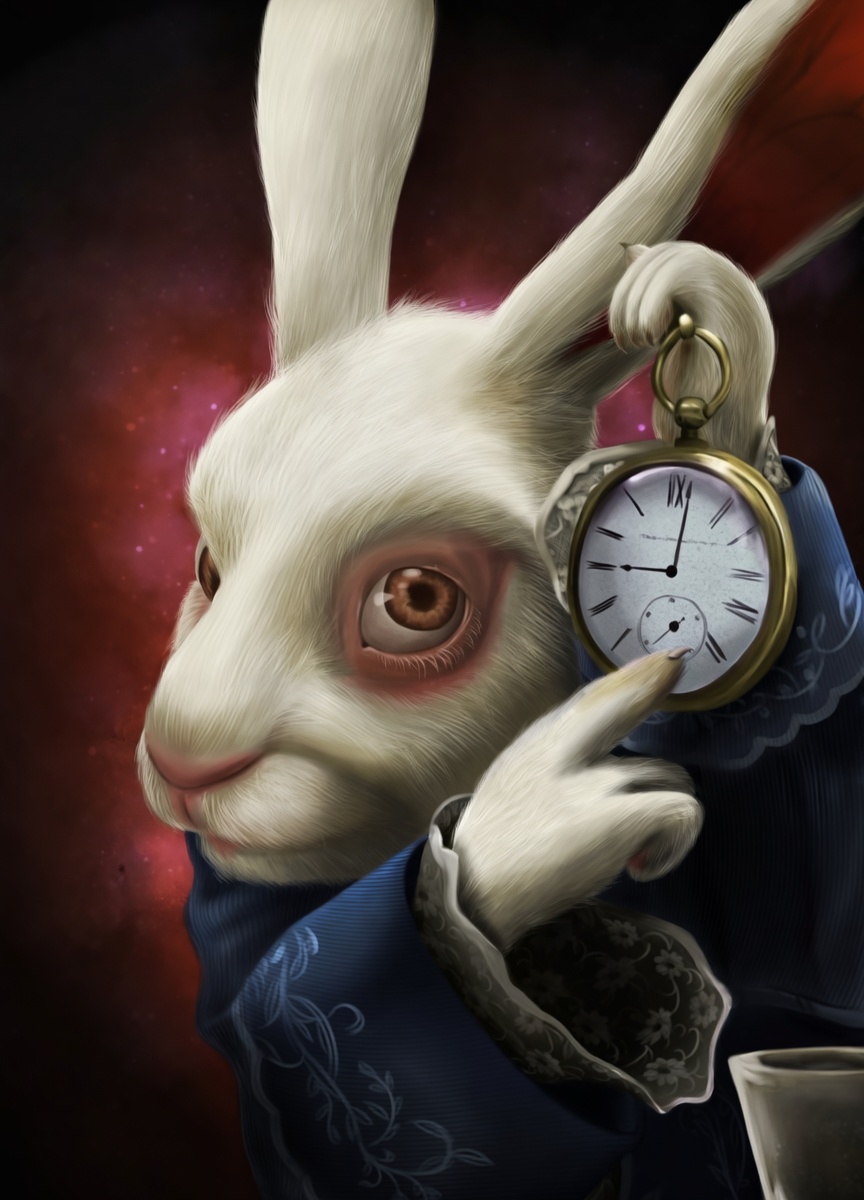 A close-up of a white rabbit with long upright ears, large brown eye, pink nose, and detailed fur, wearing a blue coat with white lace cuffs and floral embroidery. One paw holds up an ornate brass pocket watch; the other points at the watch face. The background is a dark red-to-black cosmic/nebula scene with scattered stars. A glass is partially visible at the bottom right.