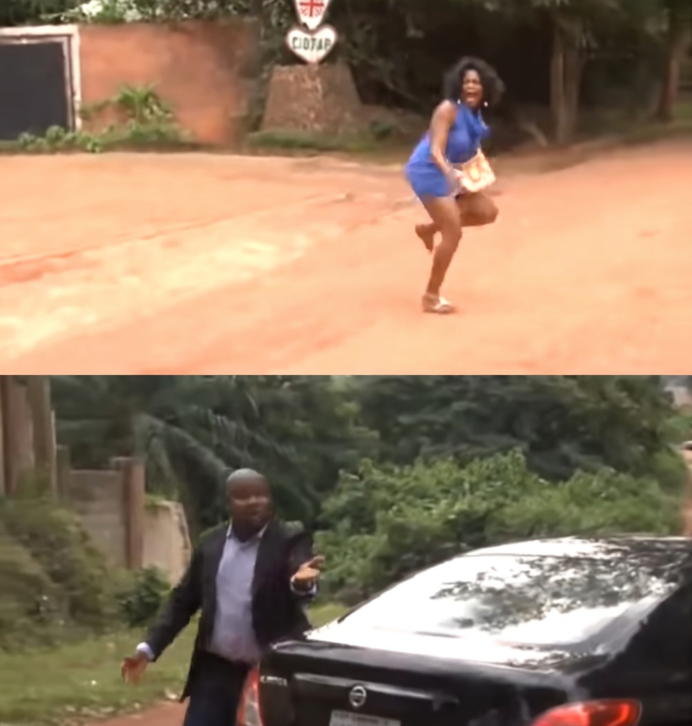 Two-panel photo meme. Top panel: a woman in a short blue dress and heels runs across a reddish dirt road, looking back over her shoulder with an open-mouthed expression; a small roadside sign and wall are visible behind her. Bottom panel: a man in a dark blazer and light shirt stands beside the rear of a black sedan on a leafy roadside, arms out and one hand extended as if calling or reaching after someone.