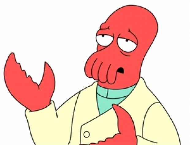 A cartoon red lobster-like humanoid with a bald head, large droopy eyes, and tentacles around the mouth, wearing a cream lab coat over a teal shirt. One large red claw is raised; the other hangs lower. He looks slightly to the side with a sad, questioning expression against a plain white background.