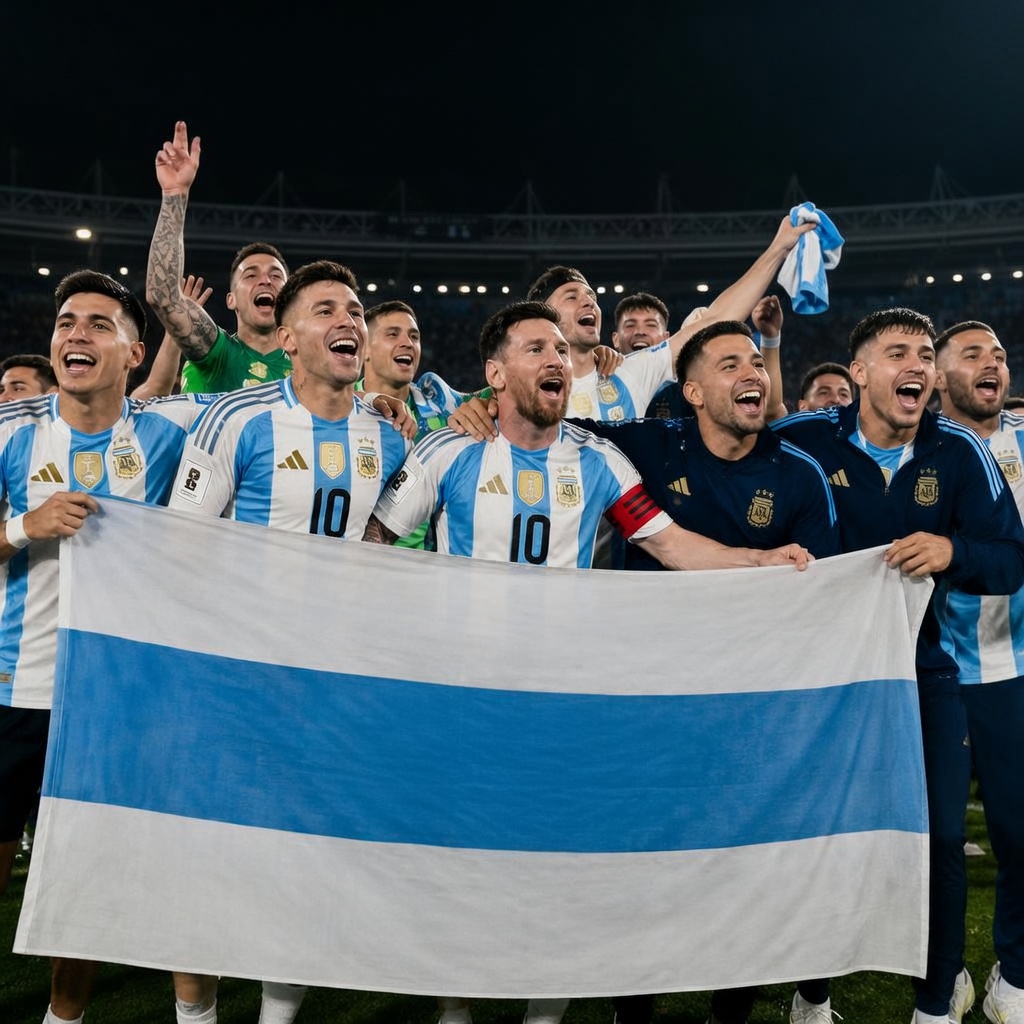 A group of smiling Argentina soccer players in light-blue-and-white striped jerseys (one with a green goalkeeper kit) stand on a night-time pitch holding a large horizontal banner. The banner has light-blue stripes, bold black text reading "LAS MALVINAS SON ARGENTINAS", and a black map silhouette of islands. Lionel Messi (number 10, captain's armband) is centered among them. A packed stadium with "FIFA WORLD CUP 2026" signage fills the background; some players raise arms or a small flag.