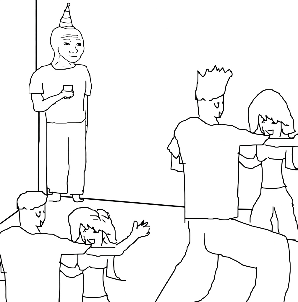 A bald man in a cone party hat stands alone against a wall holding a cup, looking awkward or sad. Nearby, other people dance and socialize happily at a party, ignoring him. The scene is a simple black-and-white line drawing.