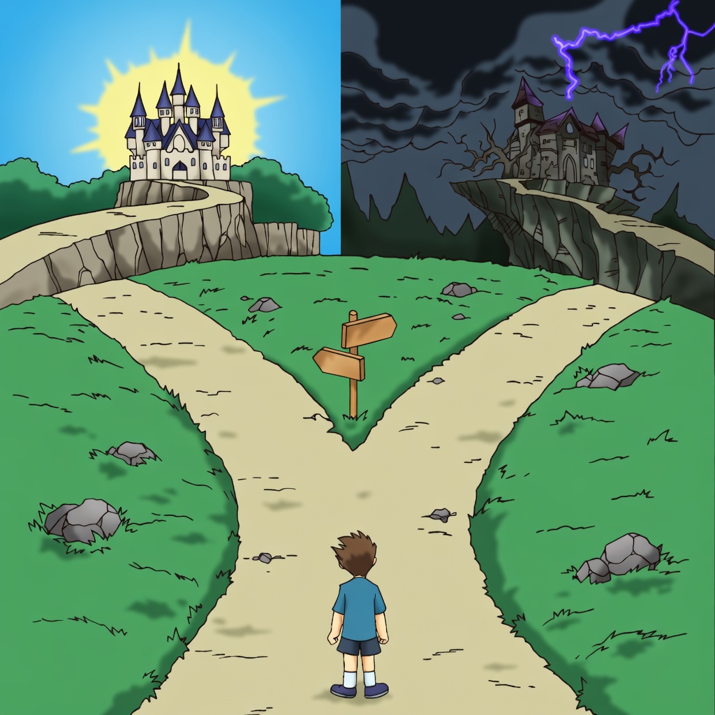 A cartoon boy in a blue shirt stands at a fork in a dirt path facing away from the viewer. The left path leads up a sunny cliff to a bright white fairytale castle under a clear blue sky and sun. The right path leads up a dark rocky cliff to a gloomy gothic castle under storm clouds and purple lightning. A blank two-way wooden signpost sits in the grass between the paths. Green hills and scattered rocks frame the scene; the image is split left-bright / right-dark.