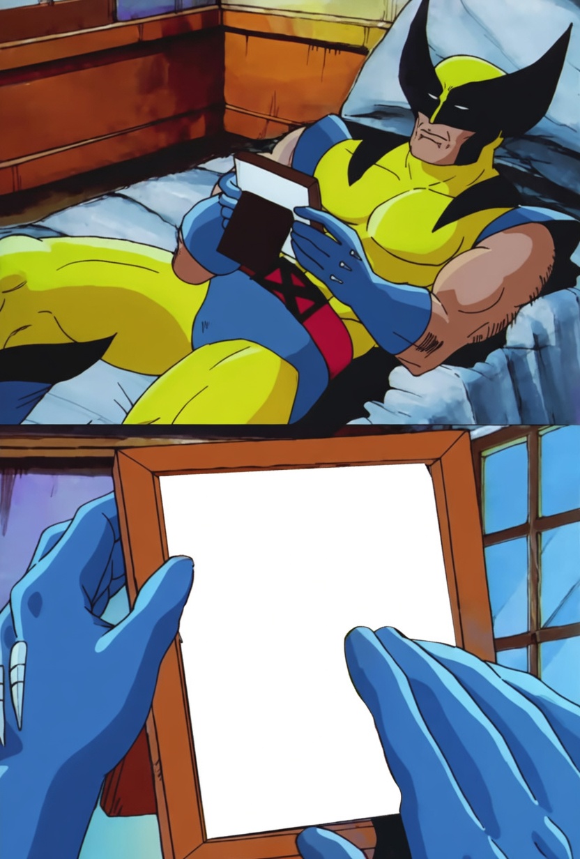 Two-panel comic still. Top panel: Wolverine in yellow-and-blue costume lies on a bed, holding a small framed picture and staring at it. Bottom panel: close-up of his blue-gloved hands holding a wooden picture frame whose interior is a large blank white rectangle; a window is visible in the background.