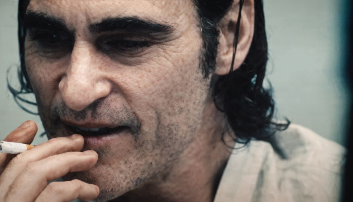 Close-up of a middle-aged man with slicked-back dark greasy hair, heavy stubble, and deep facial lines. He holds a lit cigarette near his mouth with two fingers, lips slightly parted, eyes half-lidded in a knowing, faintly amused look. He wears a light collared shirt against a plain muted wall.