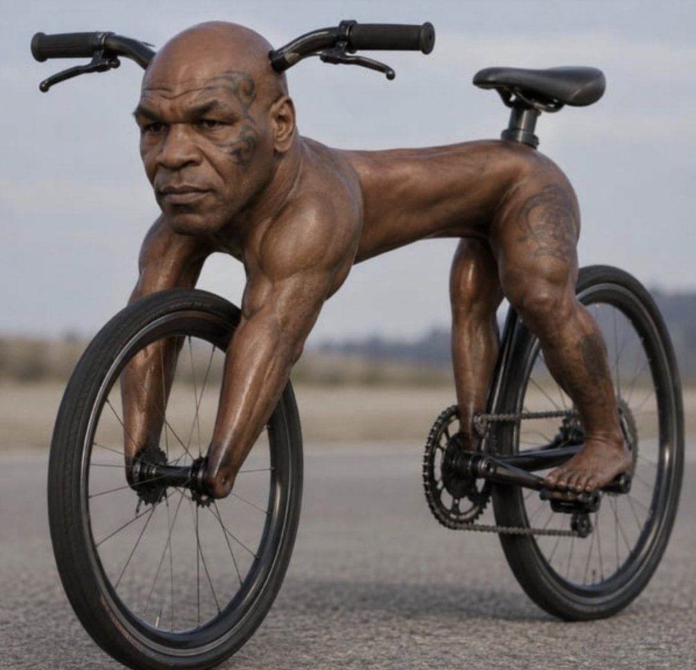 A photorealistic image of Mike Tyson’s bald head and unclothed, heavily muscled body fused into the shape of a bicycle on an empty paved road. Handlebars stick out from both sides of his head. His arms drop to the front wheel hub, his torso forms the frame, and a black saddle rises from his lower back. His legs are bent in a pedaling pose, bare feet on the pedals, with a chain and rear wheel behind him. He has a facial tattoo and other tattoos on his shoulder, hip, and calf. The sky is gray and the background is blurred.