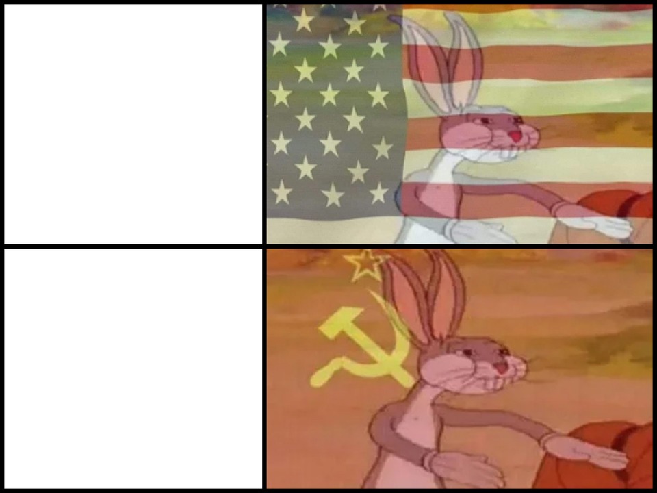 A black-bordered two-row template. Each row is split into a large blank white rectangle on the left and a cartoon still on the right. Top right: Bugs Bunny, gray and white with long ears and white gloves, wearing a slight smile and extending one arm, in front of a United States flag. Bottom right: the same rabbit in a similar pose, but with wider eyes and a sweat drop, in front of an orange background with a yellow hammer, sickle, and star.