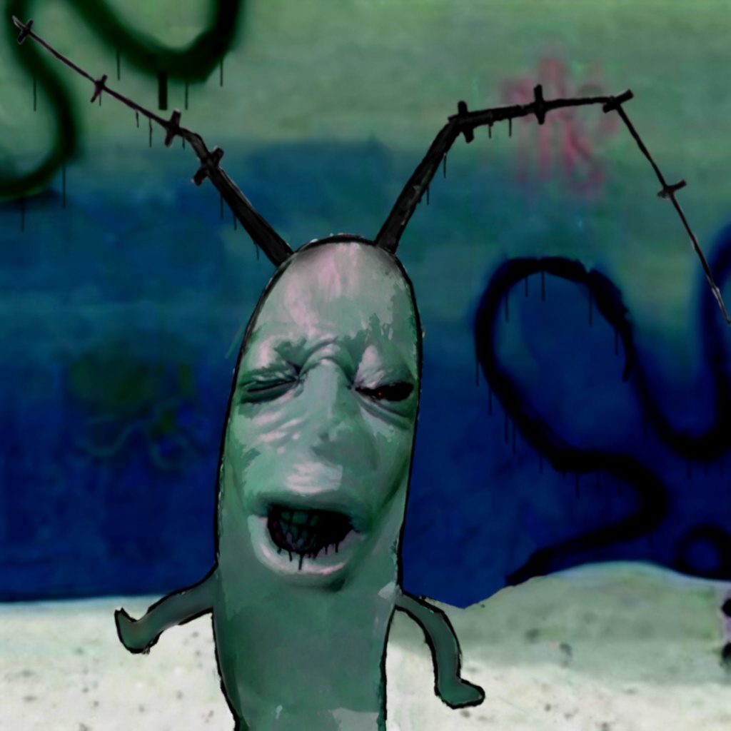A green plankton-like cartoon character stands centered against a blue graffiti-covered wall and sandy ground. It has a long oval head, tiny arms, closed or squinting eyes, a grimacing open mouth with visible teeth, and two tall black antennae that look like barbed wire with dripping black liquid. Dark drips and stains appear on the face and background.