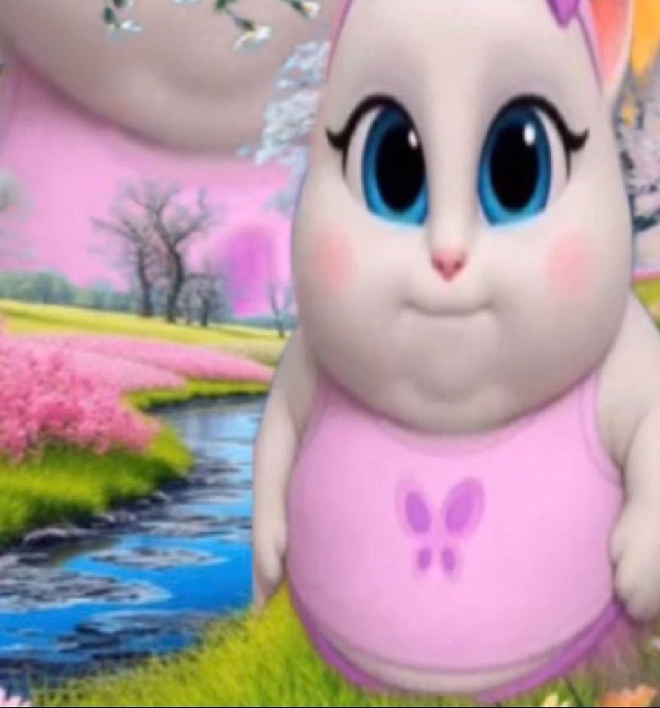 A very round white cartoon cat fills the right side of the frame, with huge glossy blue eyes, long lashes, a tiny pink nose, pink cheeks, and a small closed-mouth smile. She wears a pink sleeveless top with a purple butterfly on the belly and a bit of purple trim, plus a small purple bow on one ear. She stands on bright grass beside a blue stream, pink flowering bushes, soft fields, dark trees, and a pastel pink sky with white blossoms overhead. No text is printed on the image.