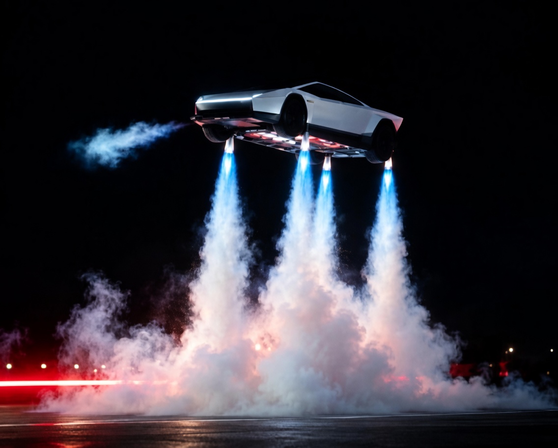 A white, sharply angular car hovers at night above a dark road. Four bright blue thruster jets fire straight down from the underside, feeding a huge cloud of white and pink-lit smoke. A thin red light streak crosses the left background. The sky above the car is almost entirely black.