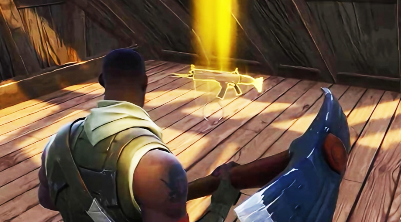 A third-person view of a muscular Fortnite character seen from behind, wearing a green sleeveless top and holding a large blue pickaxe. The character stands on wooden floorboards inside a wooden structure and faces a glowing golden assault rifle floating above the floor, lit by a bright yellow vertical beam of light.