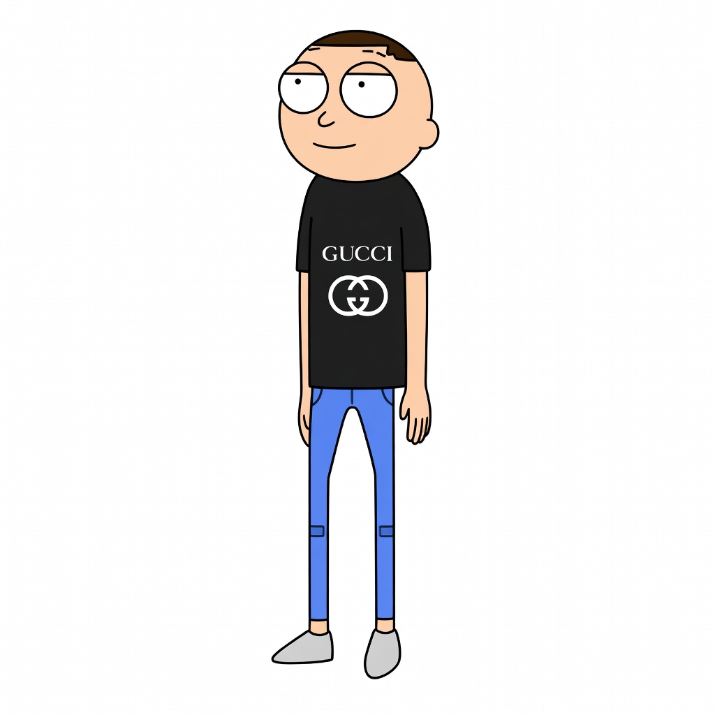 A full-body cartoon of a Morty-like character standing facing forward on a plain white background. He has a large round head, oversized white eyes, a small closed-mouth smile, and short brown hair. He wears a black T-shirt with white “GUCCI” lettering and the interlocking GG logo, slim blue jeans, and gray slip-on shoes. His arms hang at his sides.