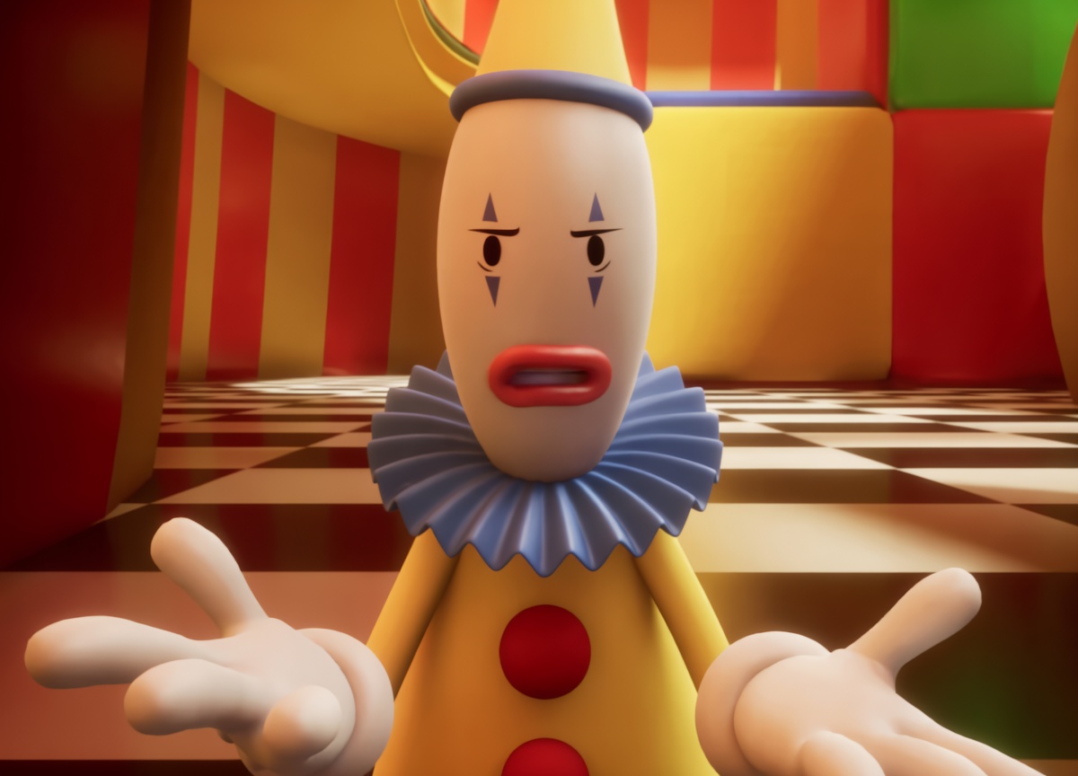 A 3D clown-like character with a tall pale face, small black eyes, blue triangle marks under the eyes, a thin nose, and an open red mouth stands center-frame. It wears a blue ruffled collar and a yellow outfit with large red round buttons. Both arms are raised and extended toward the viewer with open palms in a pleading gesture. The background is a bright indoor set with red-and-yellow striped walls, colorful block structures, and a brown-and-tan checkered floor. White all-caps text already sits across the top of the image.