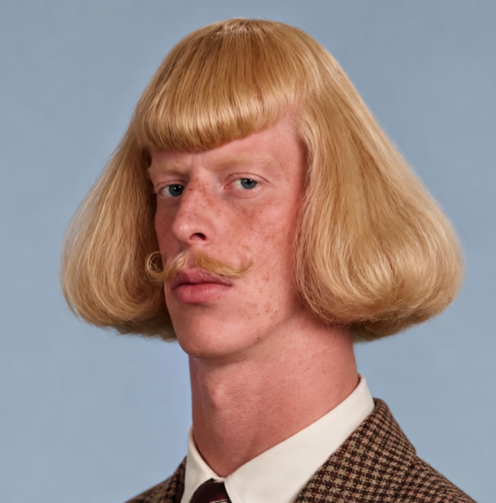 Close-up portrait of a pale, freckled young man with blue eyes, a blonde bowl-cut wig with straight bangs, and a curled blonde handlebar mustache. He wears a brown houndstooth tweed jacket, white collared shirt, and dark tie. His expression is serious and intense as he looks slightly off-camera. Solid light-blue background.