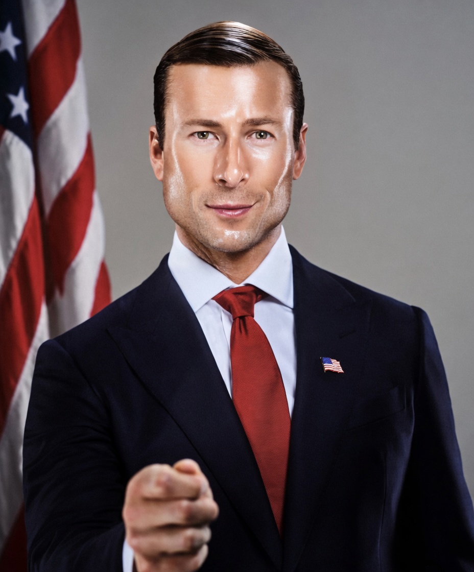 A polished man in a navy suit, light blue dress shirt, and red tie stands against a gray backdrop with a U.S. flag partially visible behind him. He has slicked-back brown hair, an American flag lapel pin, a slight smile, and points his right index finger straight at the viewer.