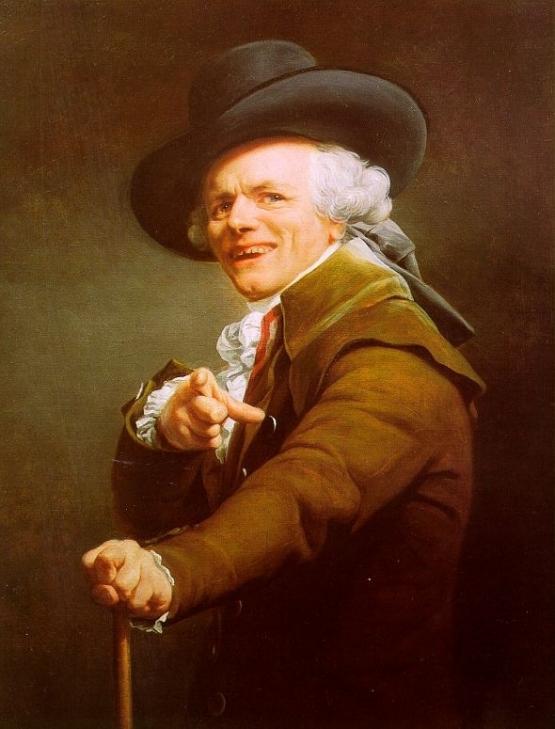 An oil portrait of a smiling man in 18th-century clothes against a dark background. He wears a wide black hat, a white powdered wig, a brown coat, and a white ruffled shirt. One hand points straight at the viewer; the other grips a wooden cane.