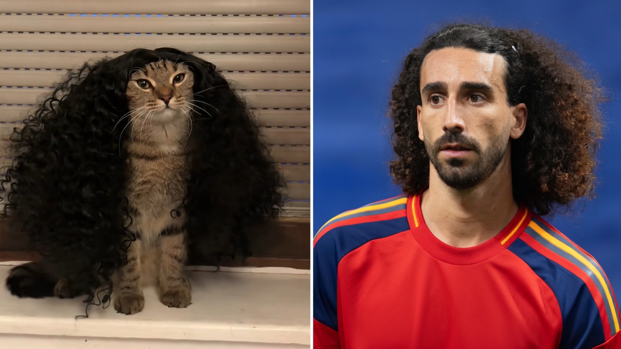 A split image with two side-by-side photos. On the left, a tabby cat sits facing forward wearing a large, voluminous black curly wig that covers its body like a mane. On the right, a close-up of a man with long, dark curly hair, a beard, and a red Spain national football jersey with the team crest and Adidas logo, looking slightly upward against a blue background.