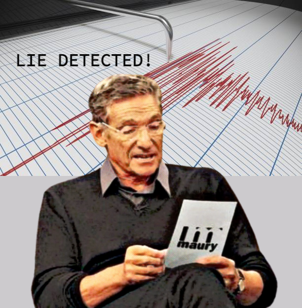 An older man with short graying hair and glasses sits against a plain gray backdrop, wearing a black sweater over a collared shirt and holding a white card printed with the “maury” logo. Behind him is a sheet of blue grid graph paper with a metal arm at the top. A red trace runs across the grid and then spikes into wild scribbles. Bold black text on the chart reads “LIE DETECTED!”