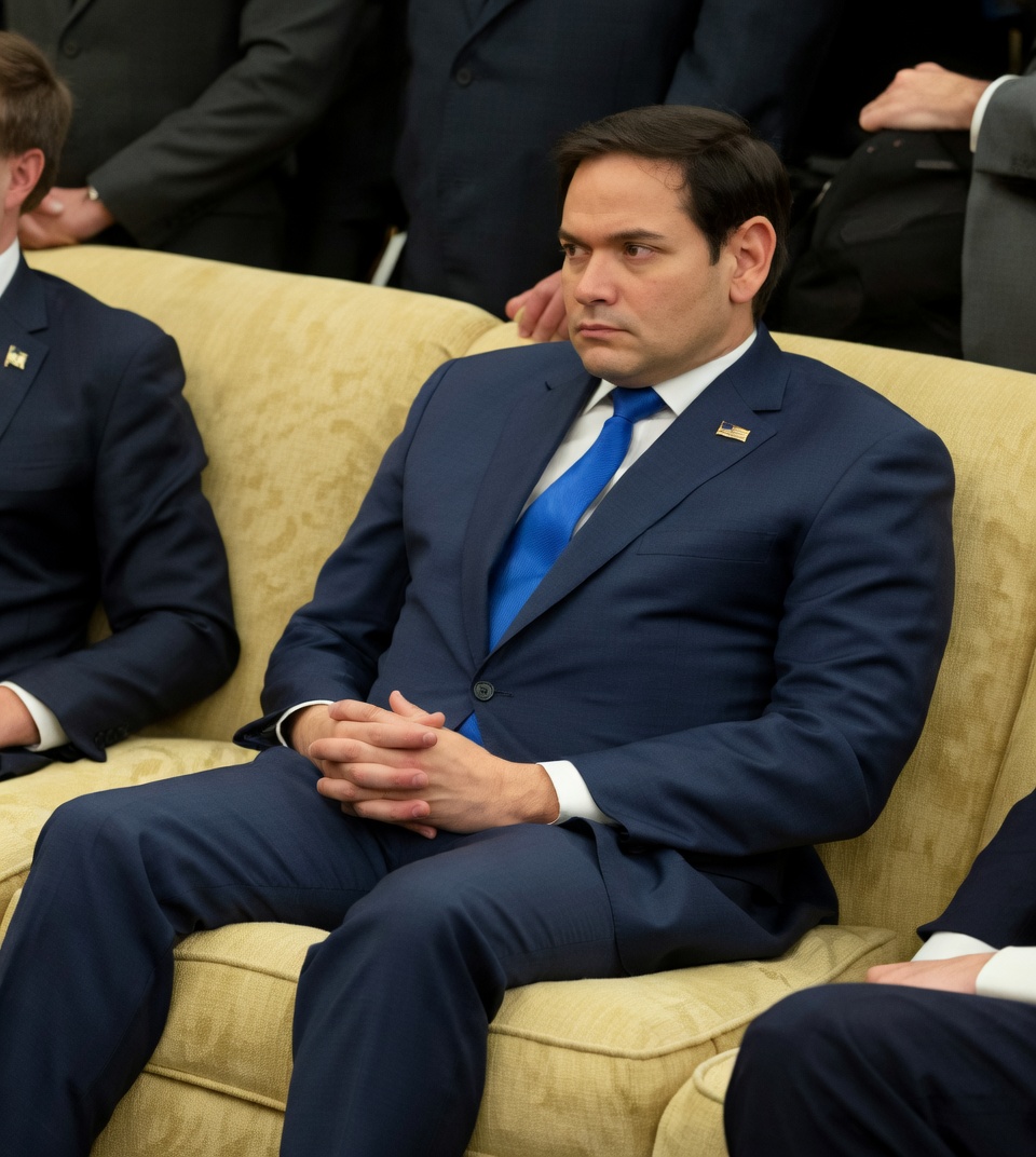 A man in a navy suit and bright blue tie sits centered on a gold patterned couch, hands clasped in his lap, body angled slightly forward, gaze fixed hard to his right with a tight, unsmiling expression. An American flag lapel pin is visible. Partial figures in dark suits frame him on both sides and behind; only torsos and arms are shown.