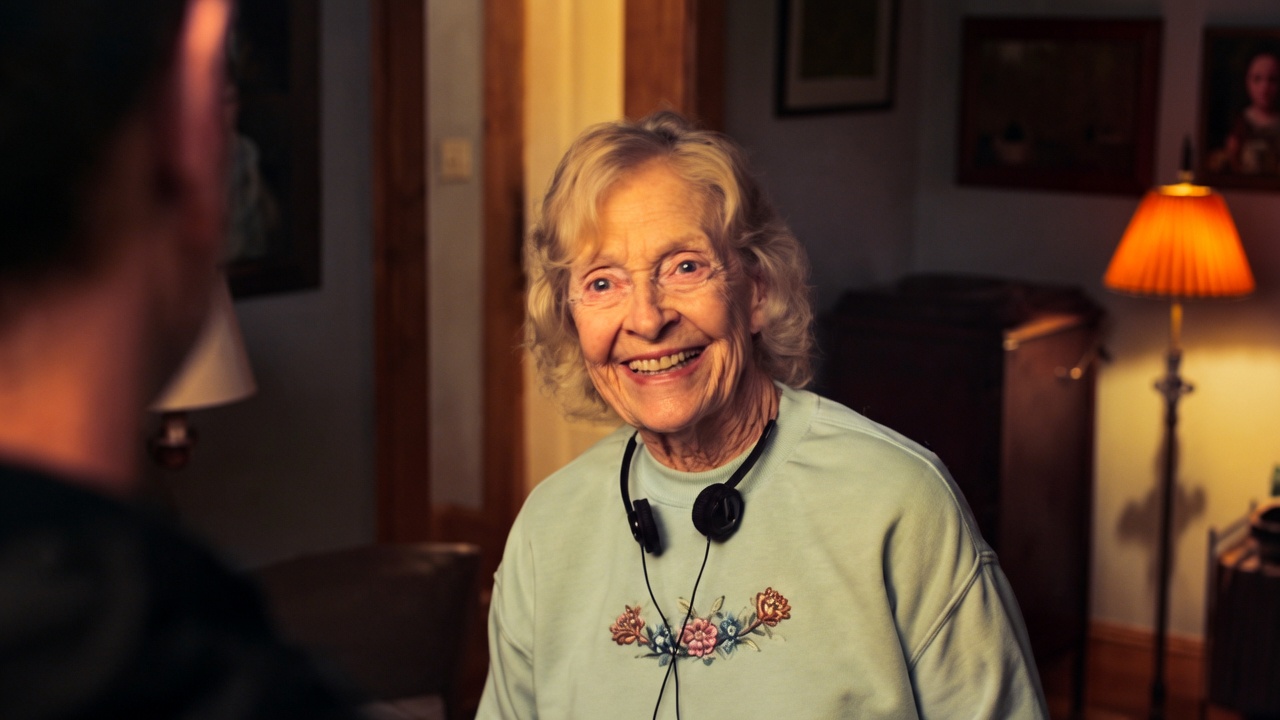 Over-the-shoulder shot of an elderly woman with short wavy blonde-white hair, smiling broadly with her teeth showing. She wears a light blue sweatshirt with a floral embroidery design and black over-ear headphones resting around her neck. She looks toward a person in the left foreground whose back and ear are visible and out of focus. The setting is a warmly lit home interior with wooden door frames, framed pictures, a floor lamp with an orange shade, a table lamp, and dark wooden furniture.