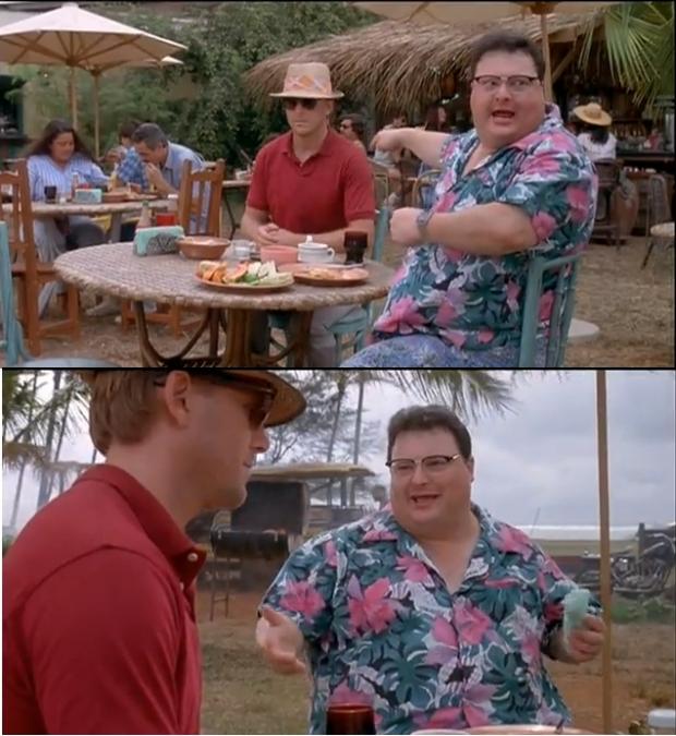 A two-panel film still. The top panel shows two men at a round outdoor restaurant table under a patio umbrella and a thatched roof. The man on the left wears a red polo, a straw hat, and sunglasses, sitting with his hands together. The man on the right wears glasses and a bright blue-green shirt with large pink flowers; his mouth is open and one arm is extended as he talks. Plates, drinks, and a small white teapot sit on the table, with other diners behind them. The bottom panel is a closer shot of the same pair outdoors among palm trees under a gray sky. The man in red is in profile, looking at the other man, who is still smiling and talking, gesturing with one hand while holding a small pale-green item in the other. A dark open vehicle is visible behind them.