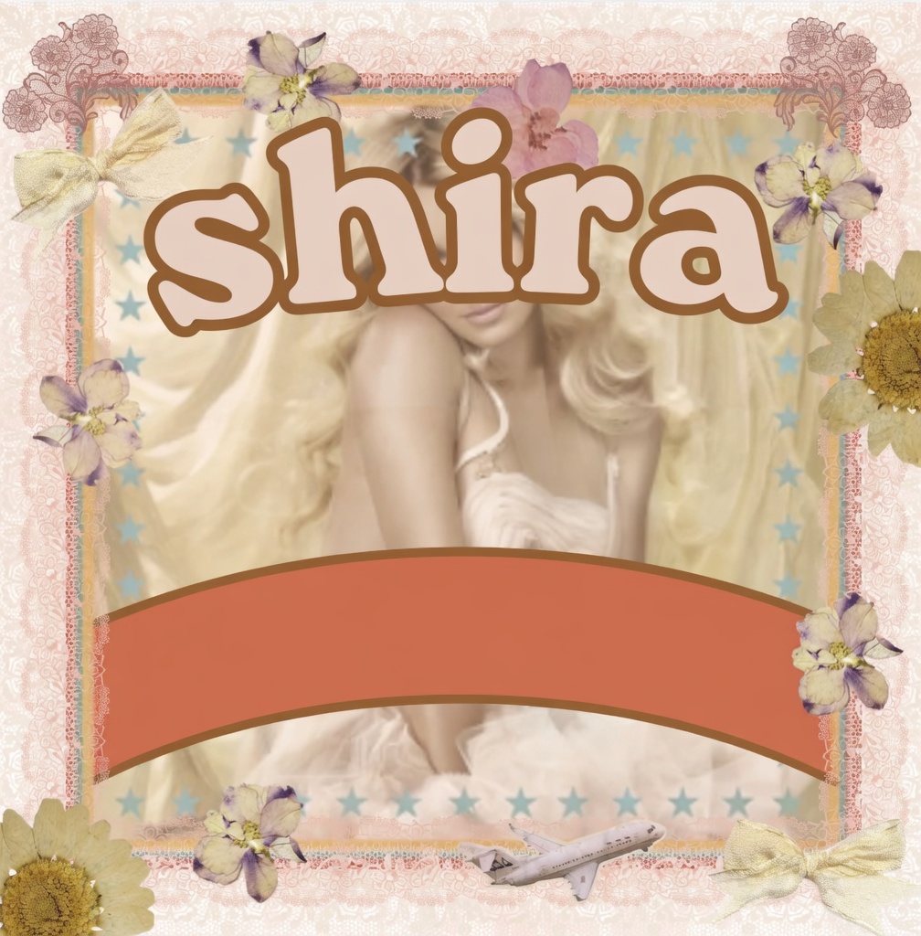 Ornate pink lace border decorated with pressed flowers, yellow bows, blue stars and a small white airplane. Centered faded photo of Britney Spears in a white outfit. Large peach word “shira” across the upper area, smaller orange phrase “‘it’s britney, bitch’” beneath it, large orange-red “BRITNEY SPEARS” across the middle, and “CIRCUS” near the bottom.