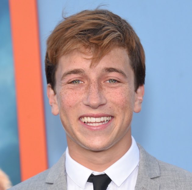 Close-up red-carpet headshot of a young man with reddish-brown hair, freckles, and light eyes, grinning widely with his teeth showing. He wears a light gray suit jacket, white dress shirt, and black tie. Behind him is a pale blue backdrop with a vertical orange stripe on the left.