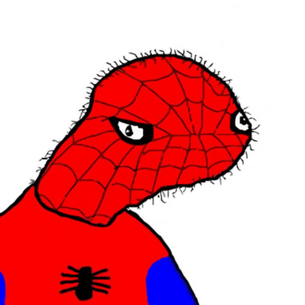 A crude digital drawing of a red masked figure on a plain white background. The oversized head has a black web pattern, two white eyes with black pupils looking toward the right, and a fuzzy, uneven black outline. A black spider emblem sits on the red chest, with a patch of blue visible at the lower right. No text is present.