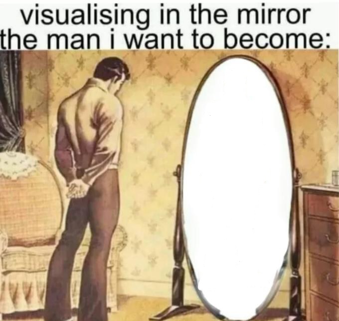 A vintage-style illustration of a man standing in a bedroom, seen from behind, with his hands clasped behind his back. He faces a large oval standing mirror that shows no reflection and is completely white. The room has patterned wallpaper, an armchair on the left, and a wooden dresser on the right. Bold caption text already sits across the top of the image.