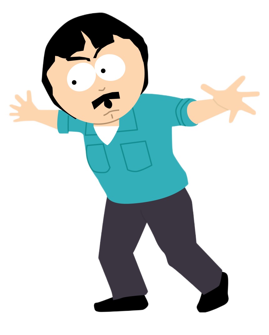 A South Park-style cartoon man with black hair, thick eyebrows, wide eyes, and a black mustache stands against a plain white background. He wears a teal short-sleeve collared shirt with two chest pockets over a white undershirt, dark pants, and black shoes. Both arms are thrown wide with open hands, and he leans forward as if greeting someone too eagerly.