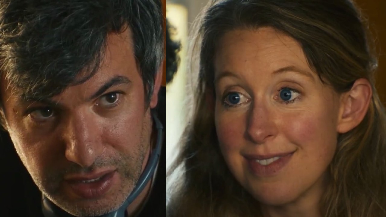 A split close-up. Left half shows a man with dark slightly messy hair, stubble, and an intense serious gaze looking slightly off-camera; he wears dark clothing with a blue strap around his neck. Right half shows a woman with long light-brown hair, blue eyes, and a slight closed-mouth smile looking toward the left; warm indoor lighting.